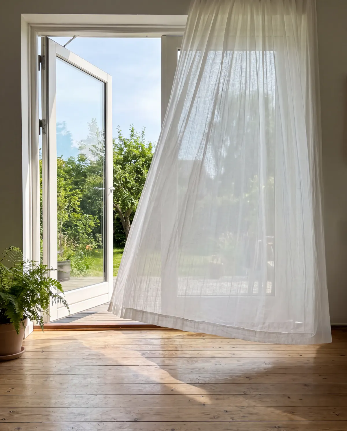 Åben havedør med et let gardin, der blafrer i den friske luft — lys og luft under en husrens